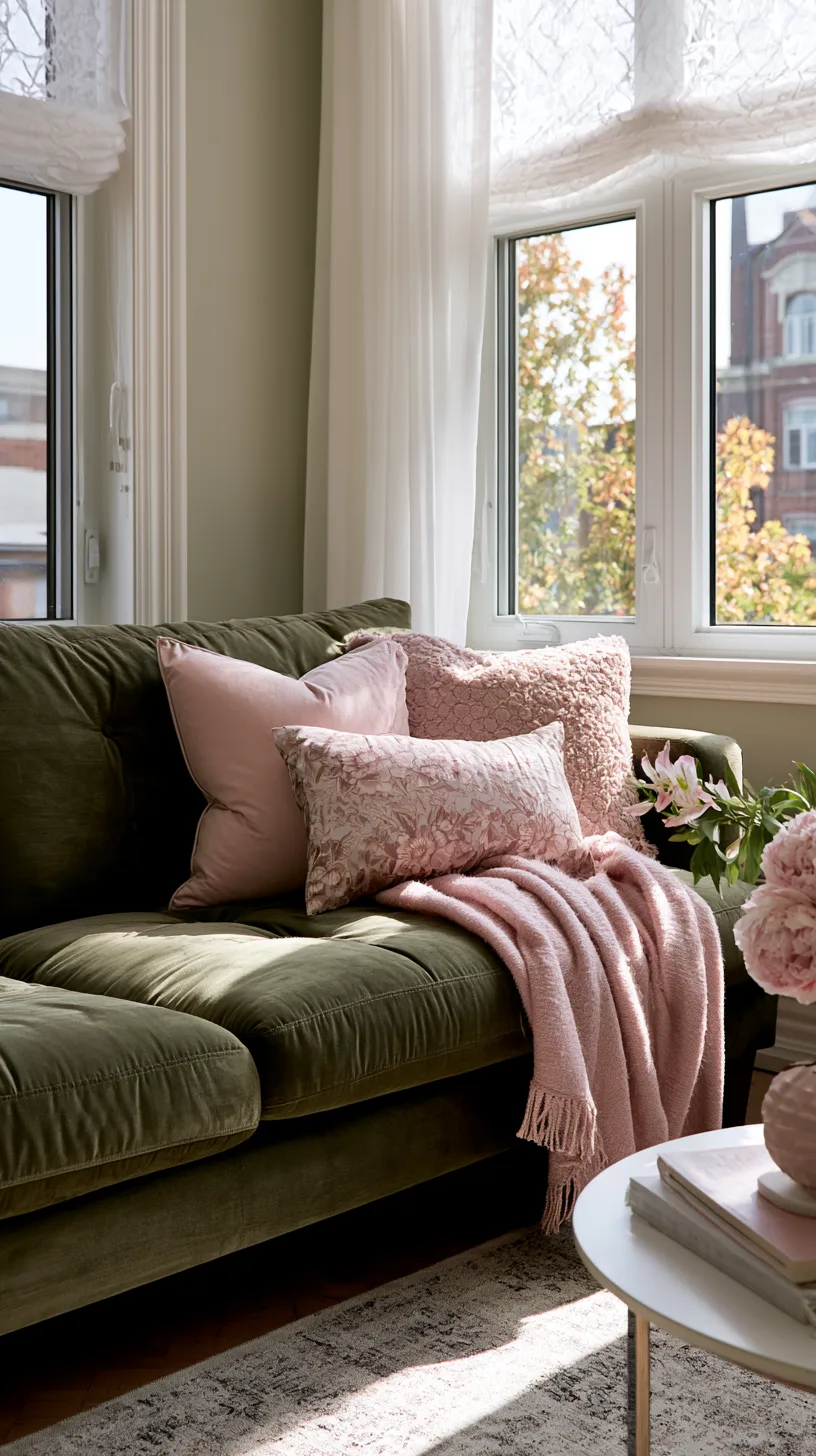 olive green sofa with dusty blush pink pillows and throw for a gentle balanced living room, photo 2 of 4