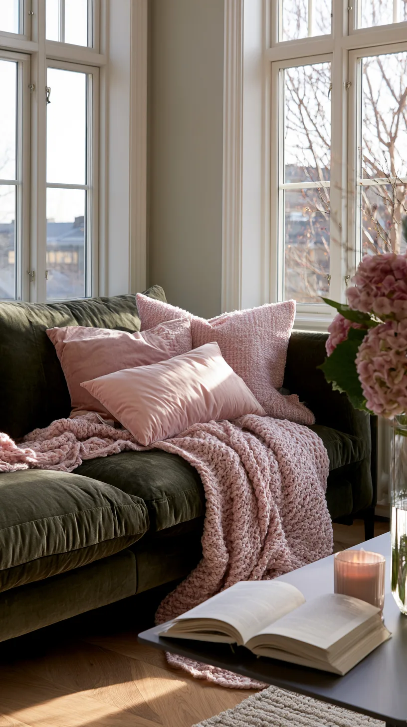 olive green sofa with dusty blush pink pillows and throw for a gentle balanced living room, photo 3 of 4