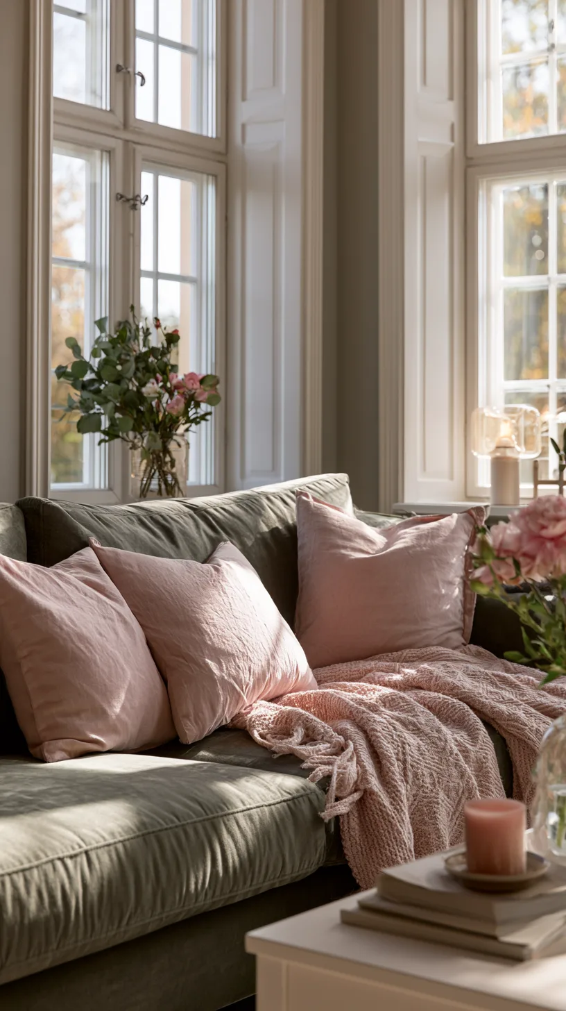 olive green sofa with dusty blush pink pillows and throw for a gentle balanced living room, photo 4 of 4