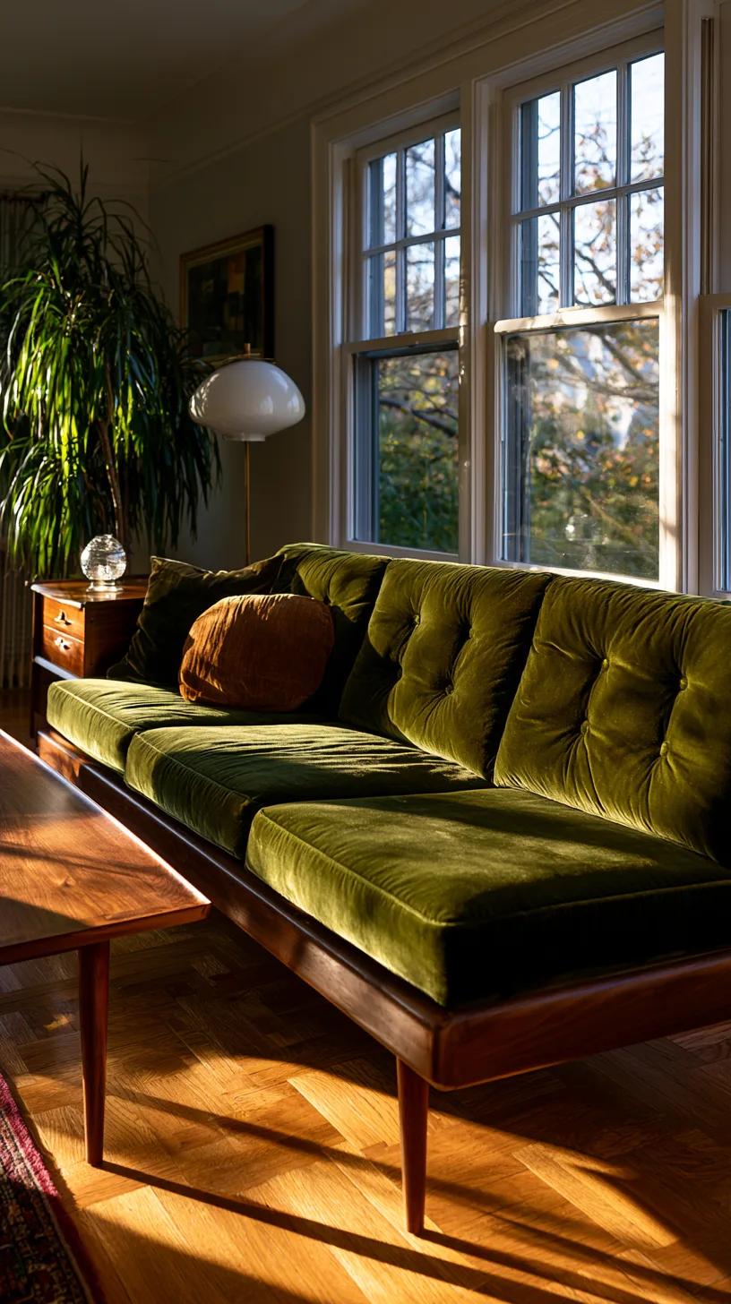 olive green sofa with walnut and teak wood furniture in a mid century living room, photo 1 of 4