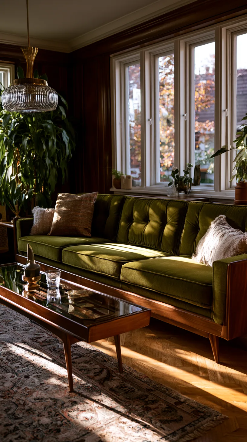 olive green sofa with walnut and teak wood furniture in a mid century living room, photo 2 of 4