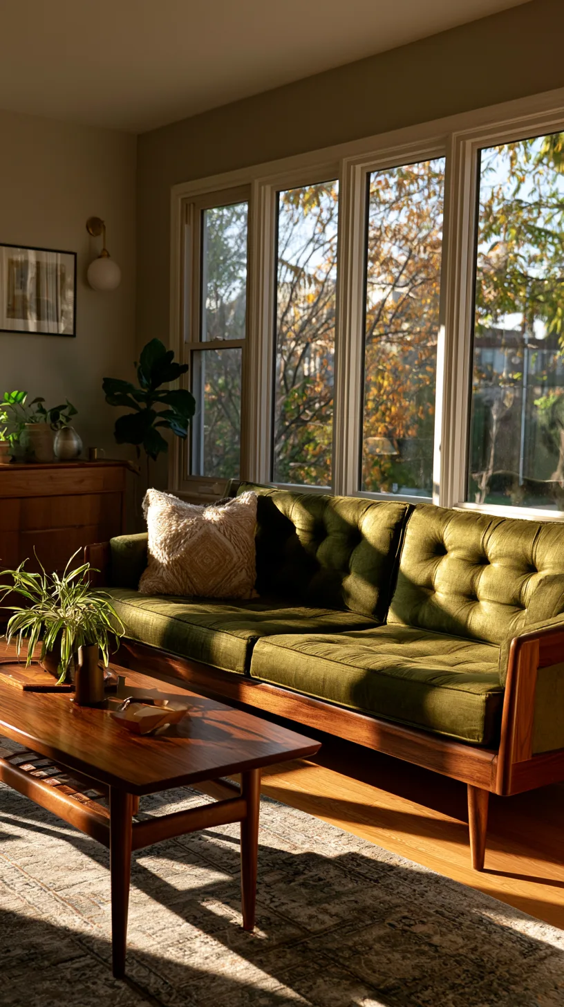 olive green sofa with walnut and teak wood furniture in a mid century living room, photo 3 of 4