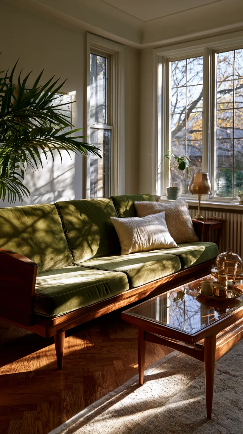 olive green sofa with walnut and teak wood furniture in a mid century living room, photo 4 of 4
