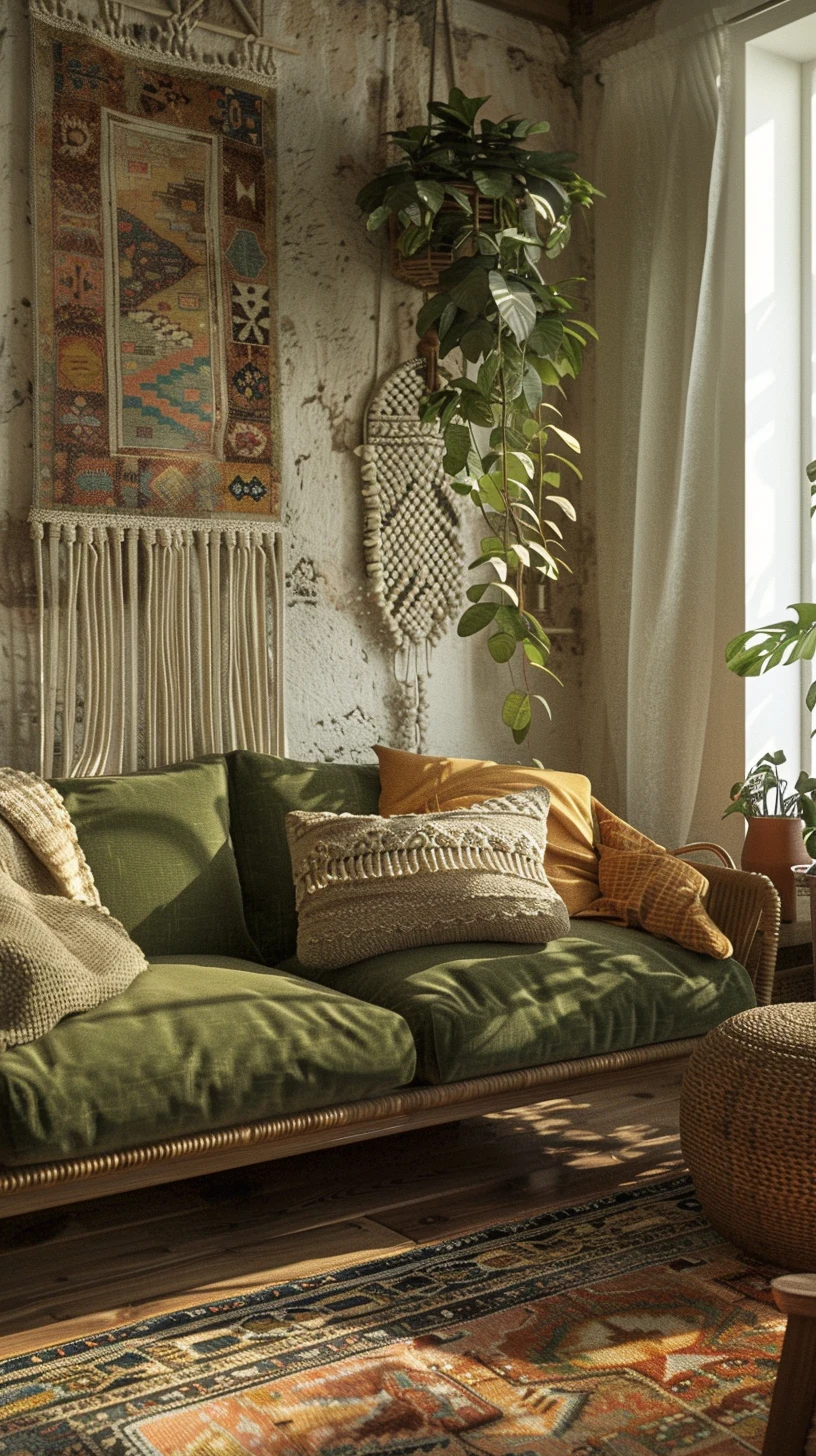 olive green boho sofa with kilim tapestry, macrame wall hanging and trailing plants, photo 1 of 4