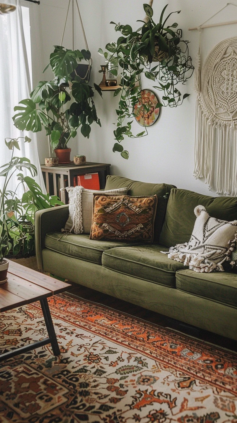 olive green sofa in a boho living room with patterned pillows, hanging plants and a macrame wall hanging, photo 2 of 4