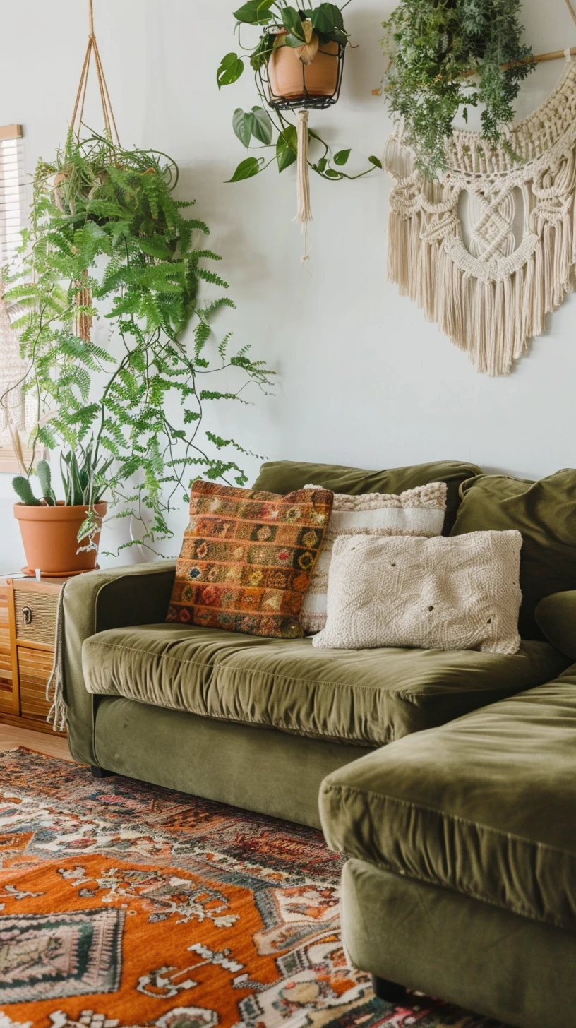 olive green sectional with boho throw pillows, ferns and a warm patterned rug, photo 3 of 4