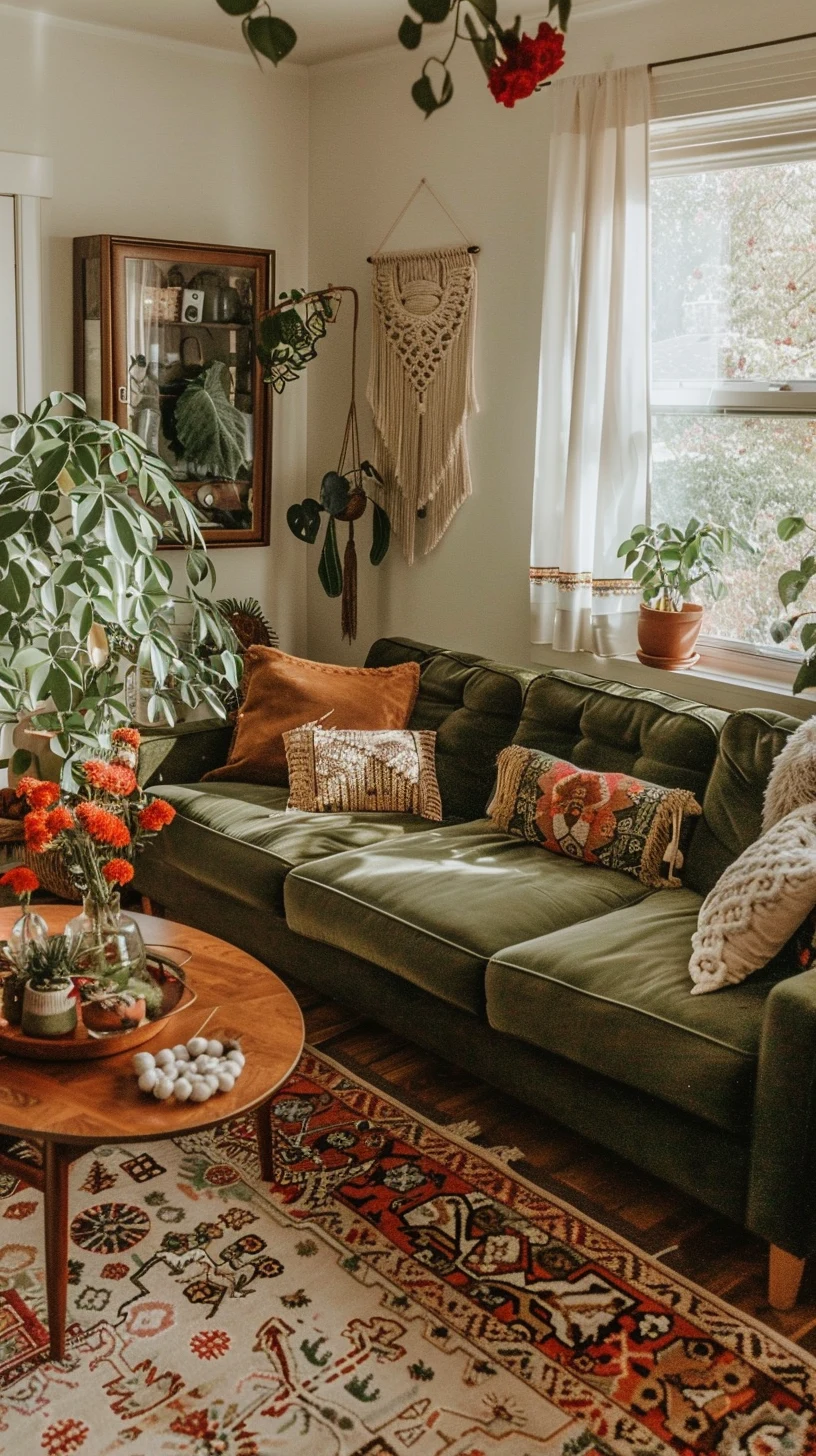 olive green boho sofa with kilim cushions, fresh flowers and a vintage patterned rug, photo 4 of 4