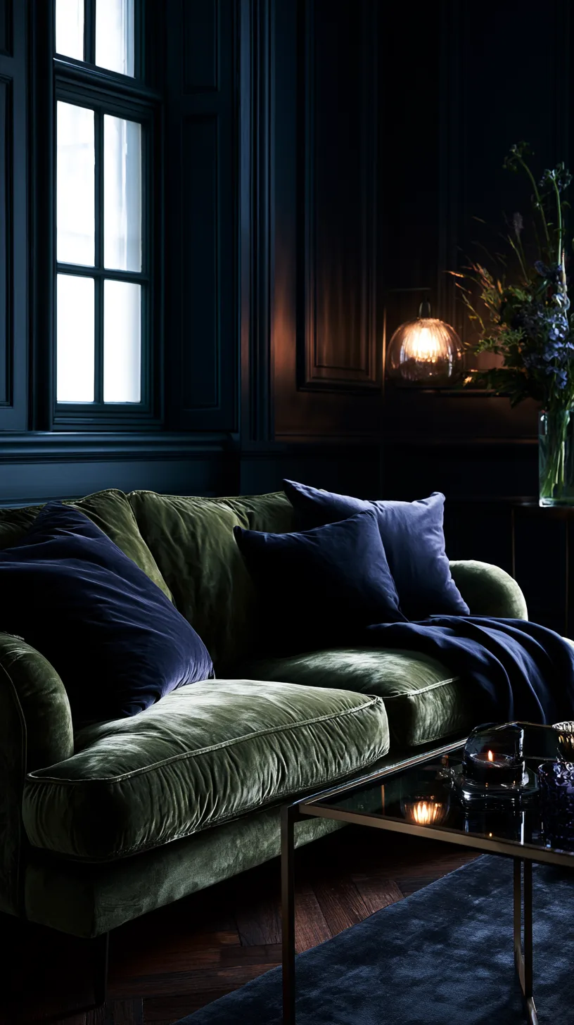 olive green sofa with deep navy walls and dark accents in a moody living room, photo 1 of 4