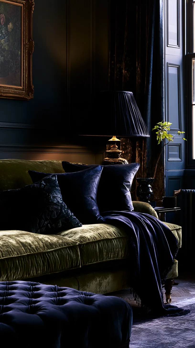 olive green sofa with deep navy walls and dark accents in a moody living room, photo 2 of 4