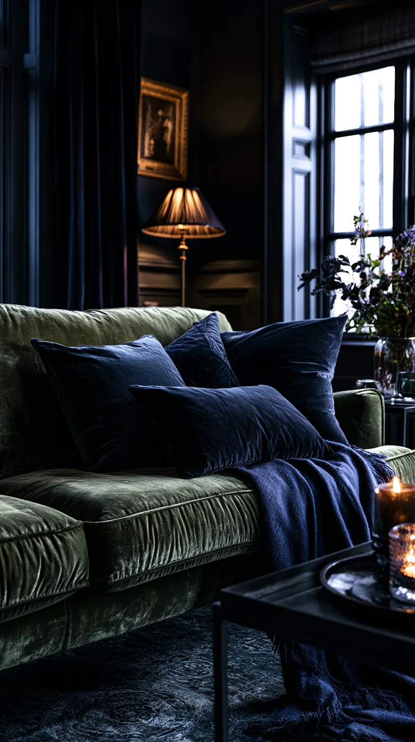 olive green sofa with deep navy walls and dark accents in a moody living room, photo 3 of 4
