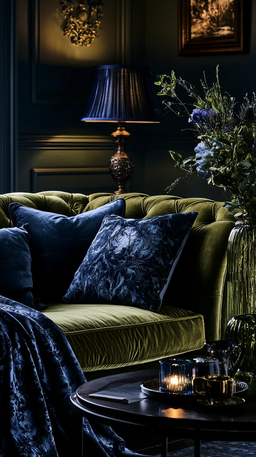 olive green sofa with deep navy walls and dark accents in a moody living room, photo 4 of 4