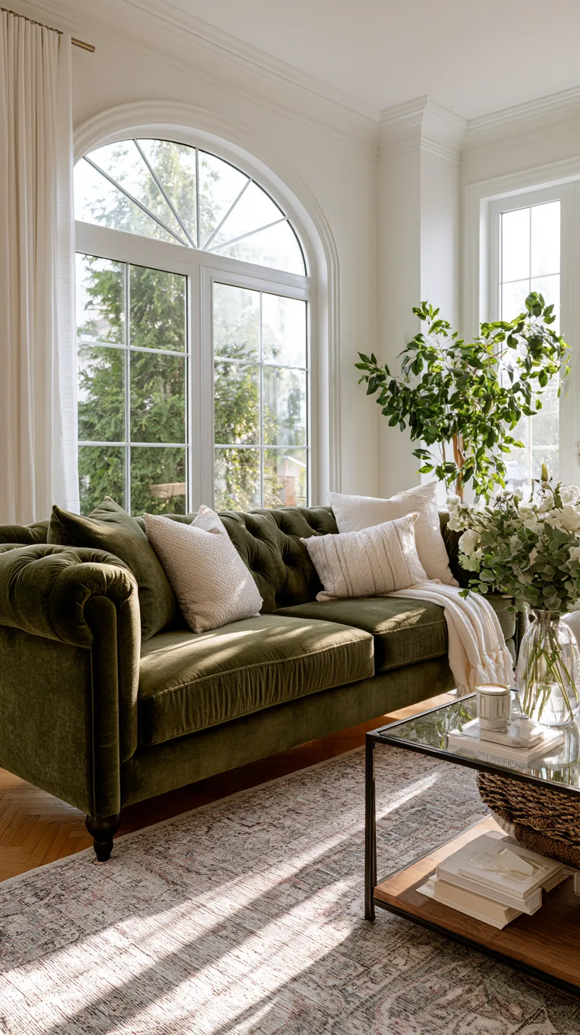 olive green sofa against white walls with pampas grass in a bright airy living room, photo 1 of 4