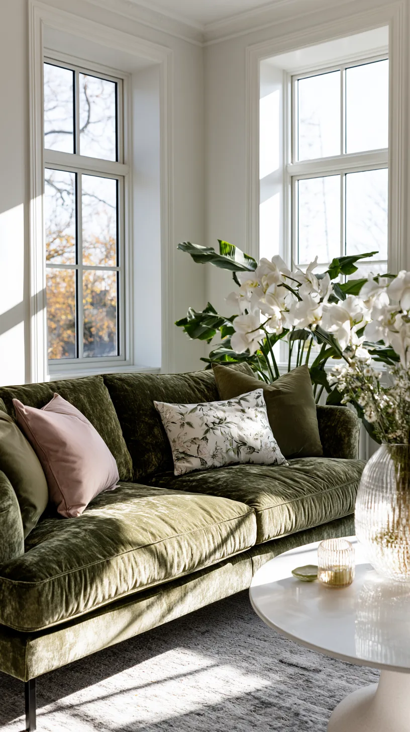 olive green sofa against white walls with pampas grass in a bright airy living room, photo 2 of 4