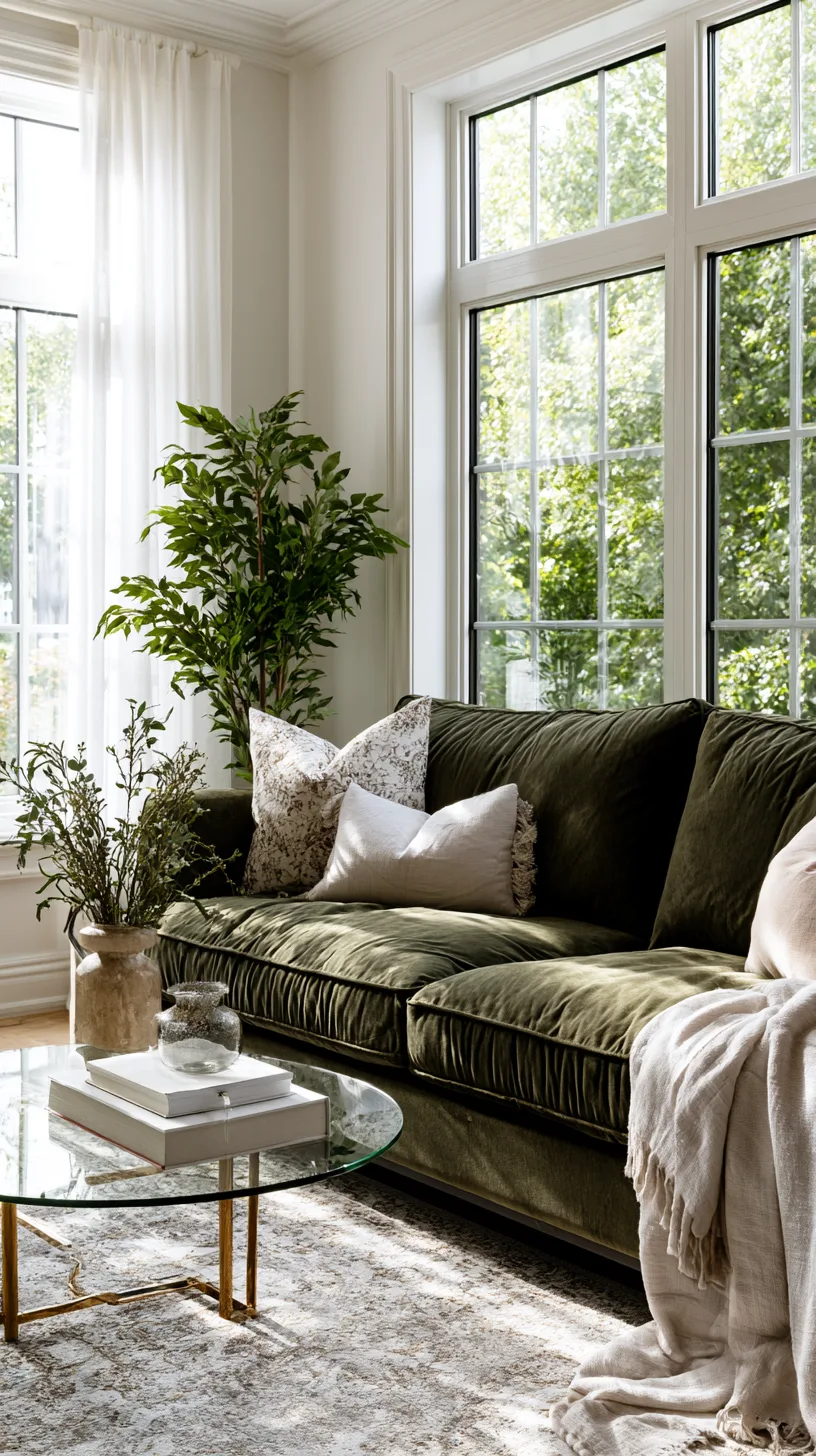 olive green sofa against white walls with pampas grass in a bright airy living room, photo 3 of 4