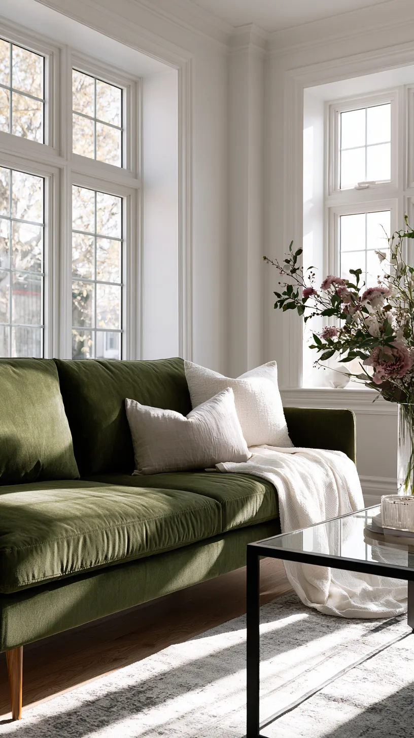 olive green sofa against white walls with pampas grass in a bright airy living room, photo 4 of 4