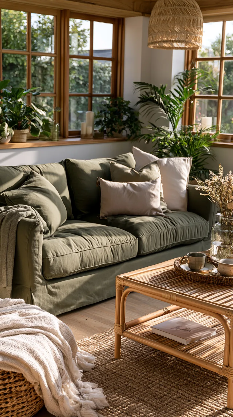 olive green sofa with rattan and cane furniture and a woven pendant light, photo 1 of 4