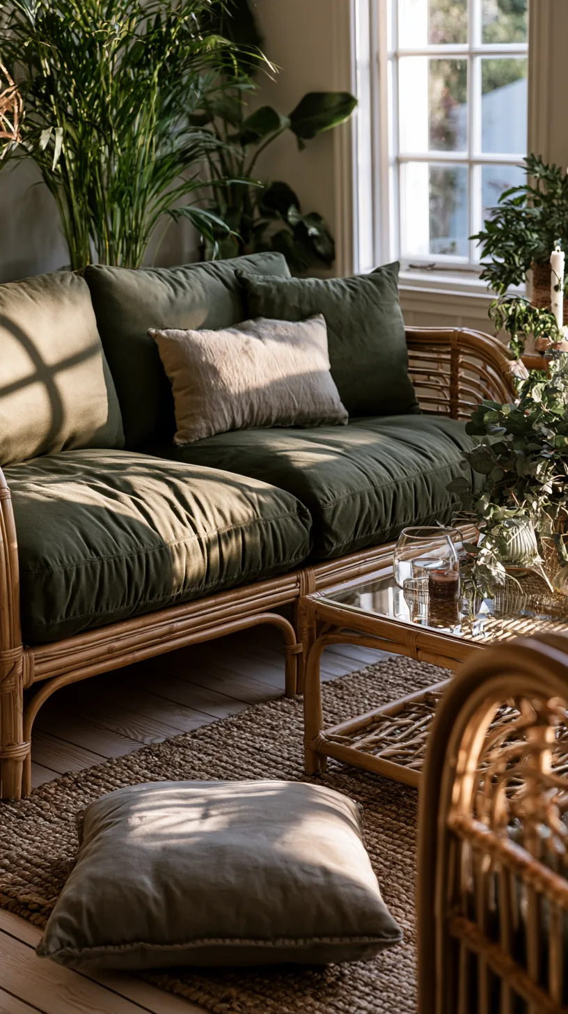olive green sofa with rattan and cane furniture and a woven pendant light, photo 2 of 4