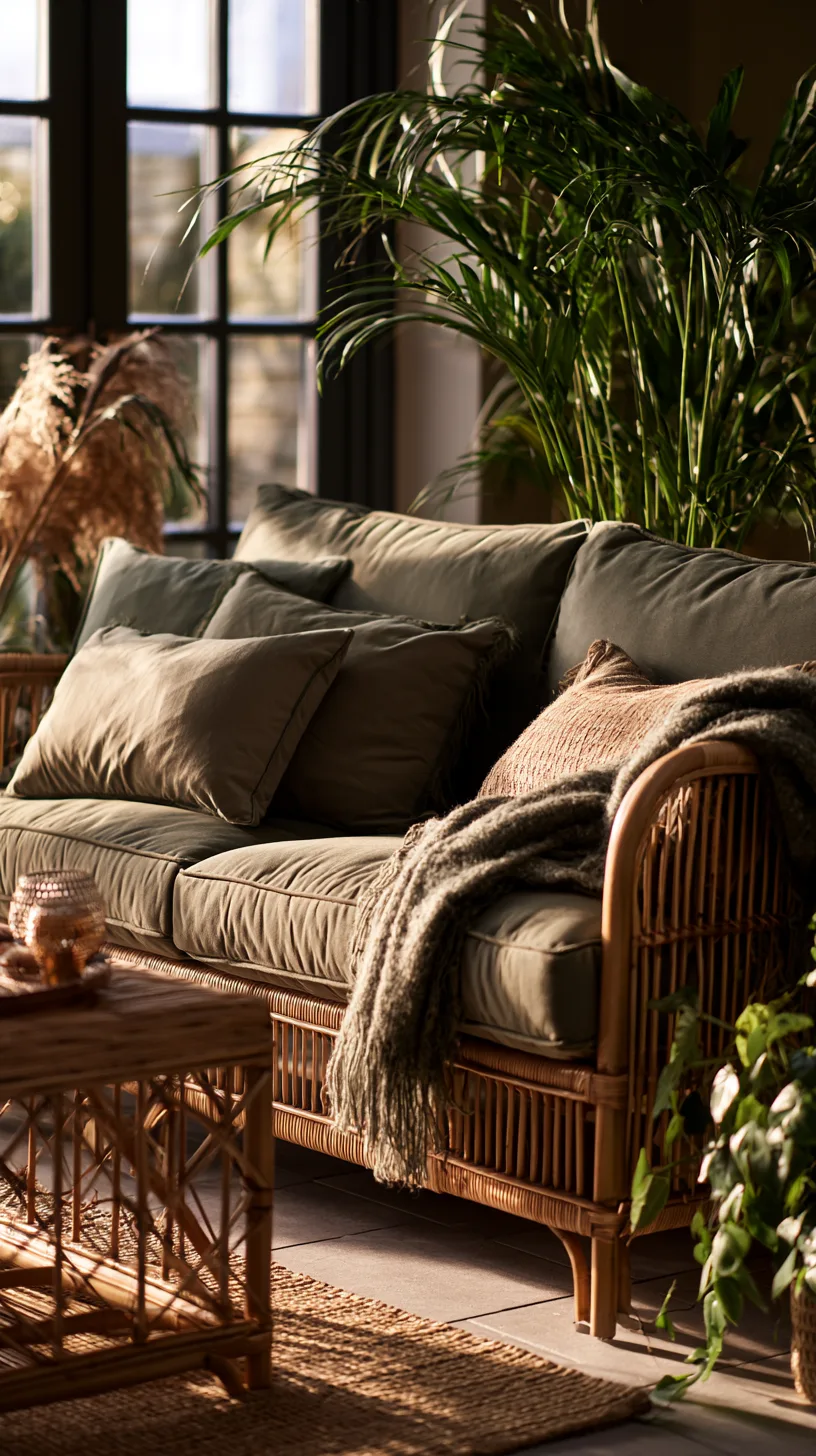 olive green sofa with rattan and cane furniture and a woven pendant light, photo 3 of 4
