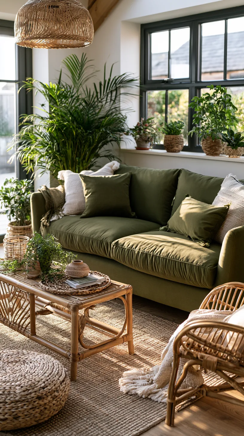 olive green sofa with rattan and cane furniture and a woven pendant light, photo 4 of 4