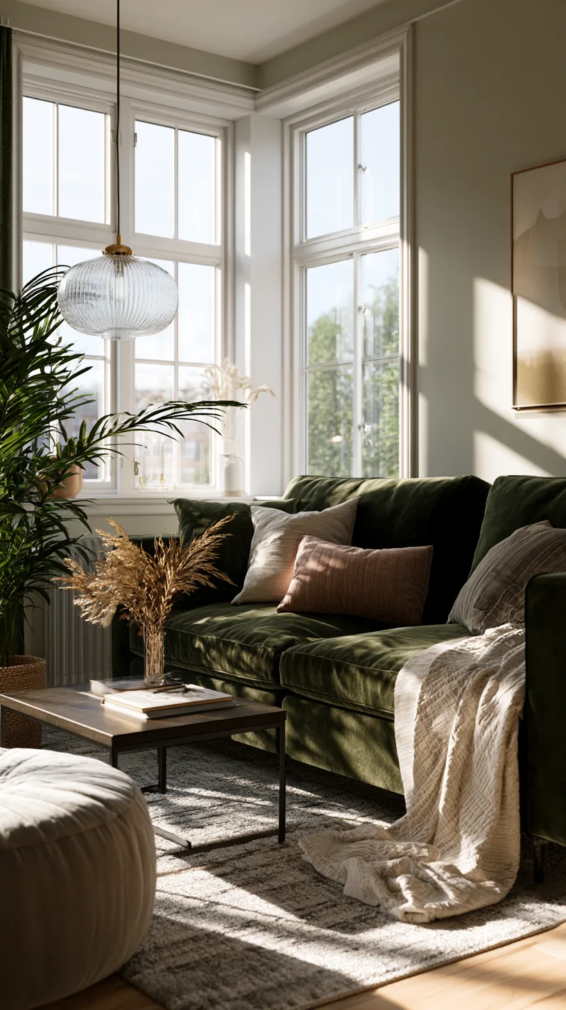 small olive green sofa living room with a storage ottoman and light open backdrop, photo 1 of 4