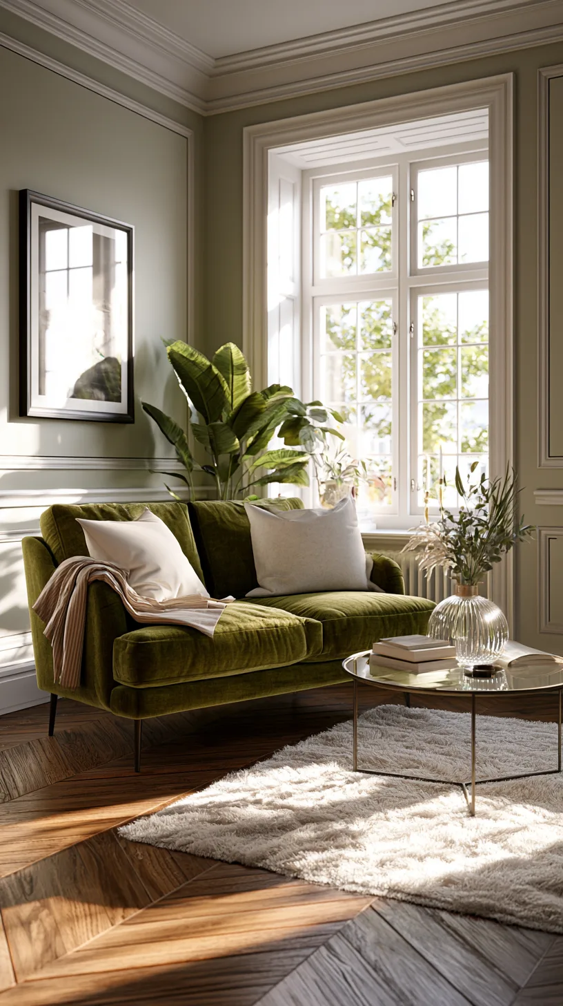 small olive green sofa living room with a storage ottoman and light open backdrop, photo 2 of 4