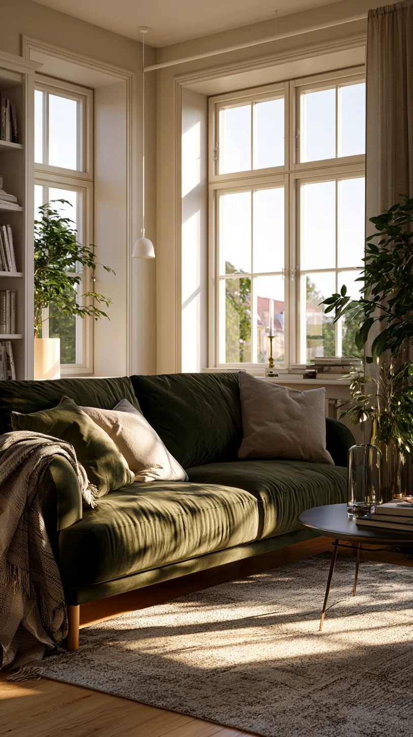 small olive green sofa living room with a storage ottoman and light open backdrop, photo 3 of 4