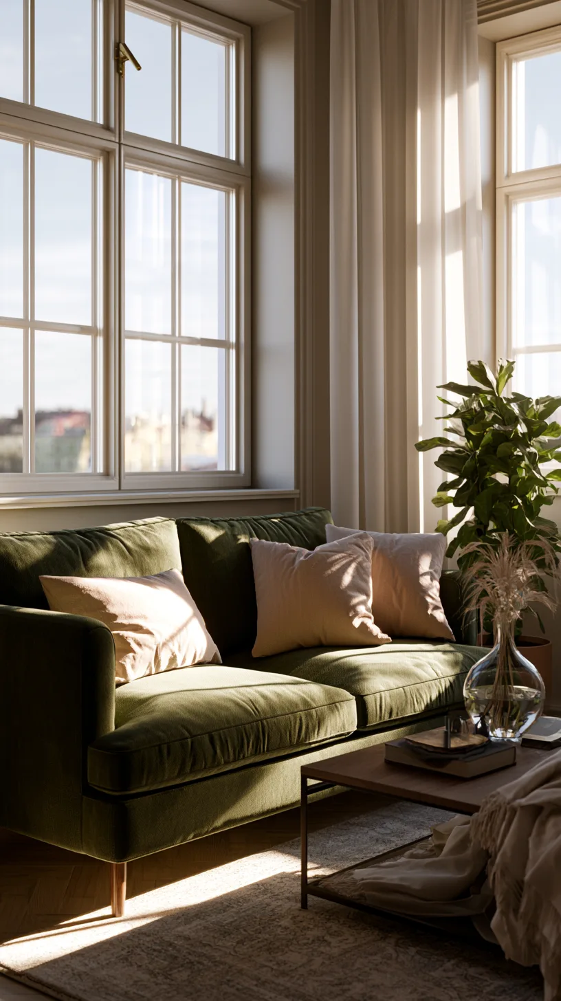 small olive green sofa living room with a storage ottoman and light open backdrop, photo 4 of 4