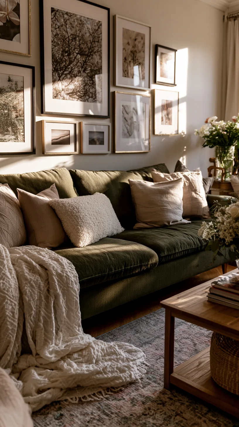 olive green sofa with a gallery wall of framed art and a round mirror above it, photo 1 of 4