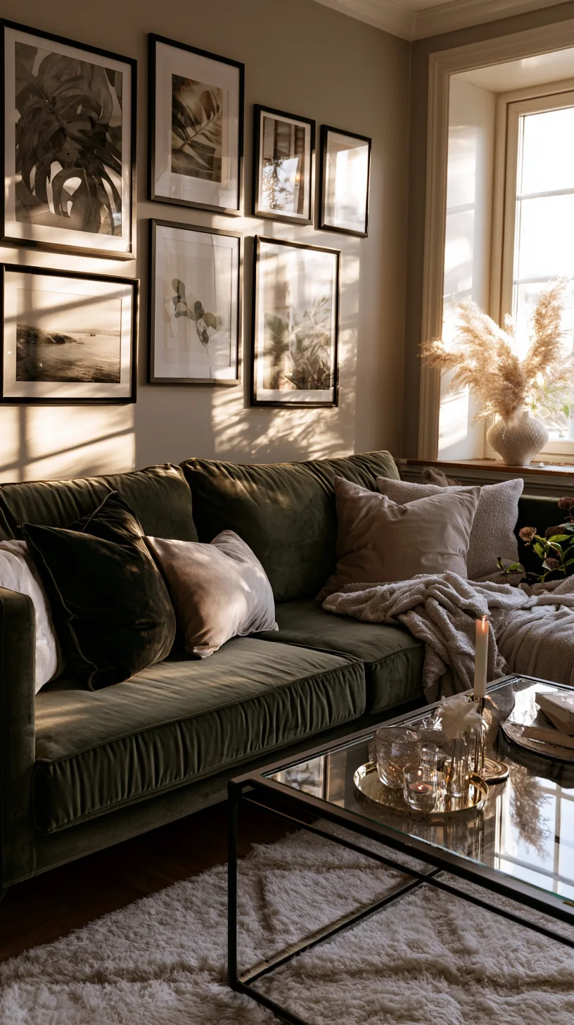 olive green sofa with a gallery wall of framed art and a round mirror above it, photo 2 of 4