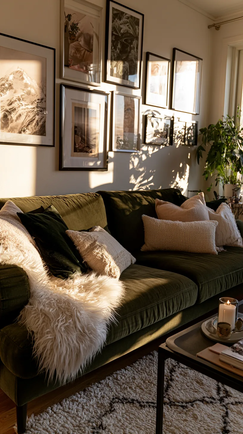 olive green sofa with a gallery wall of framed art and a round mirror above it, photo 3 of 4