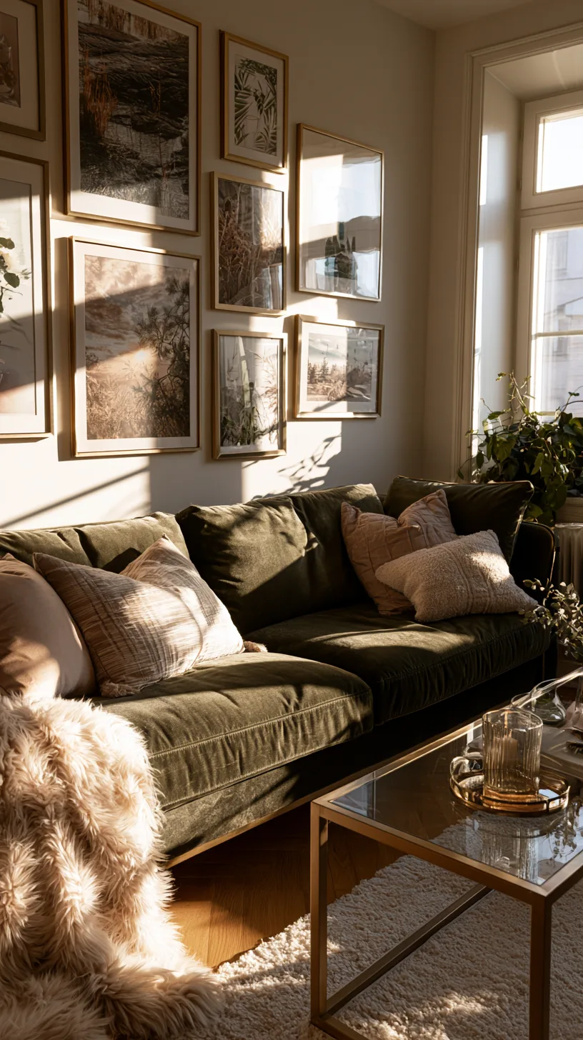 olive green sofa with a gallery wall of framed art and a round mirror above it, photo 4 of 4
