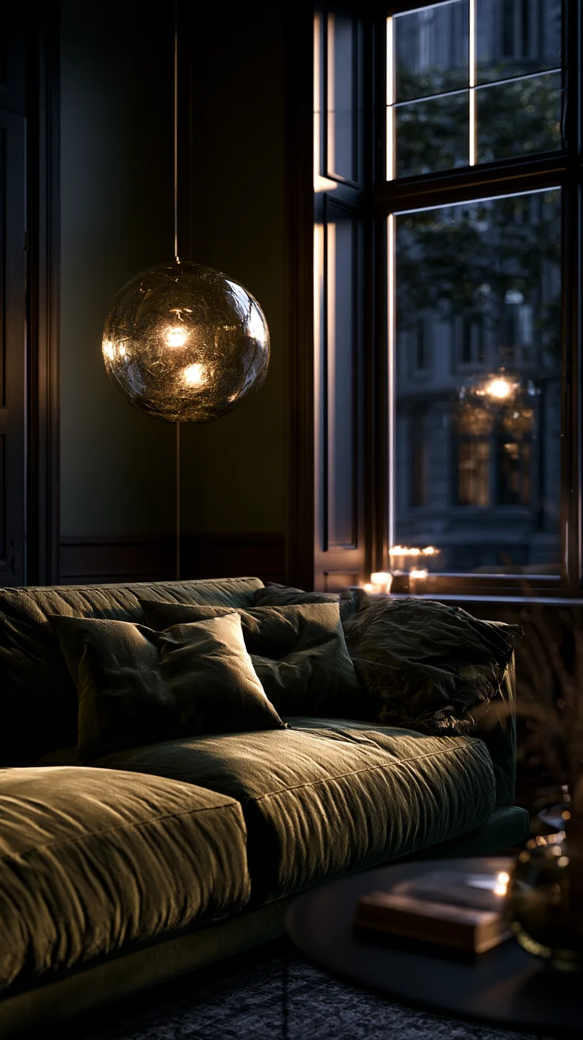 olive green sofa with an arc floor lamp curving overhead as statement lighting, photo 1 of 4
