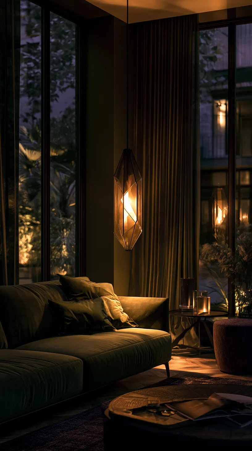 olive green sofa with an arc floor lamp curving overhead as statement lighting, photo 2 of 4