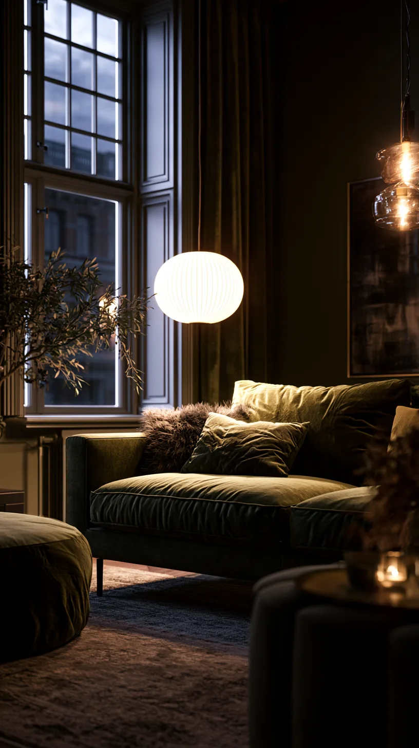 olive green sofa with an arc floor lamp curving overhead as statement lighting, photo 3 of 4