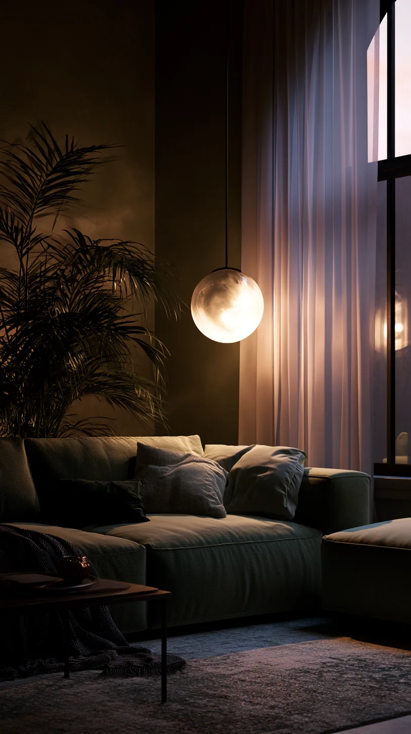 olive green sofa with an arc floor lamp curving overhead as statement lighting, photo 4 of 4
