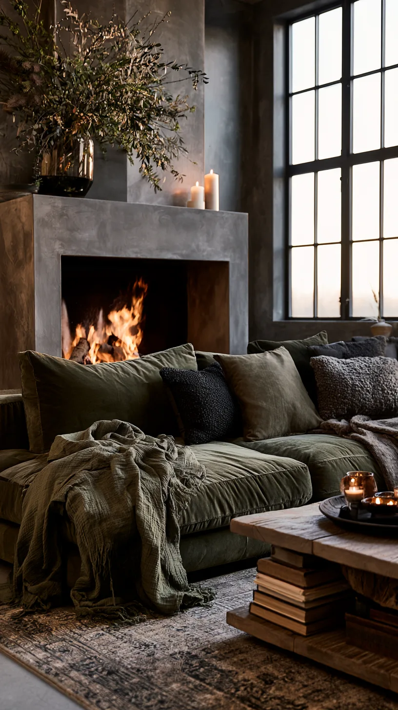 olive green sofa angled toward a fireplace with a simply styled warm mantel, photo 1 of 4