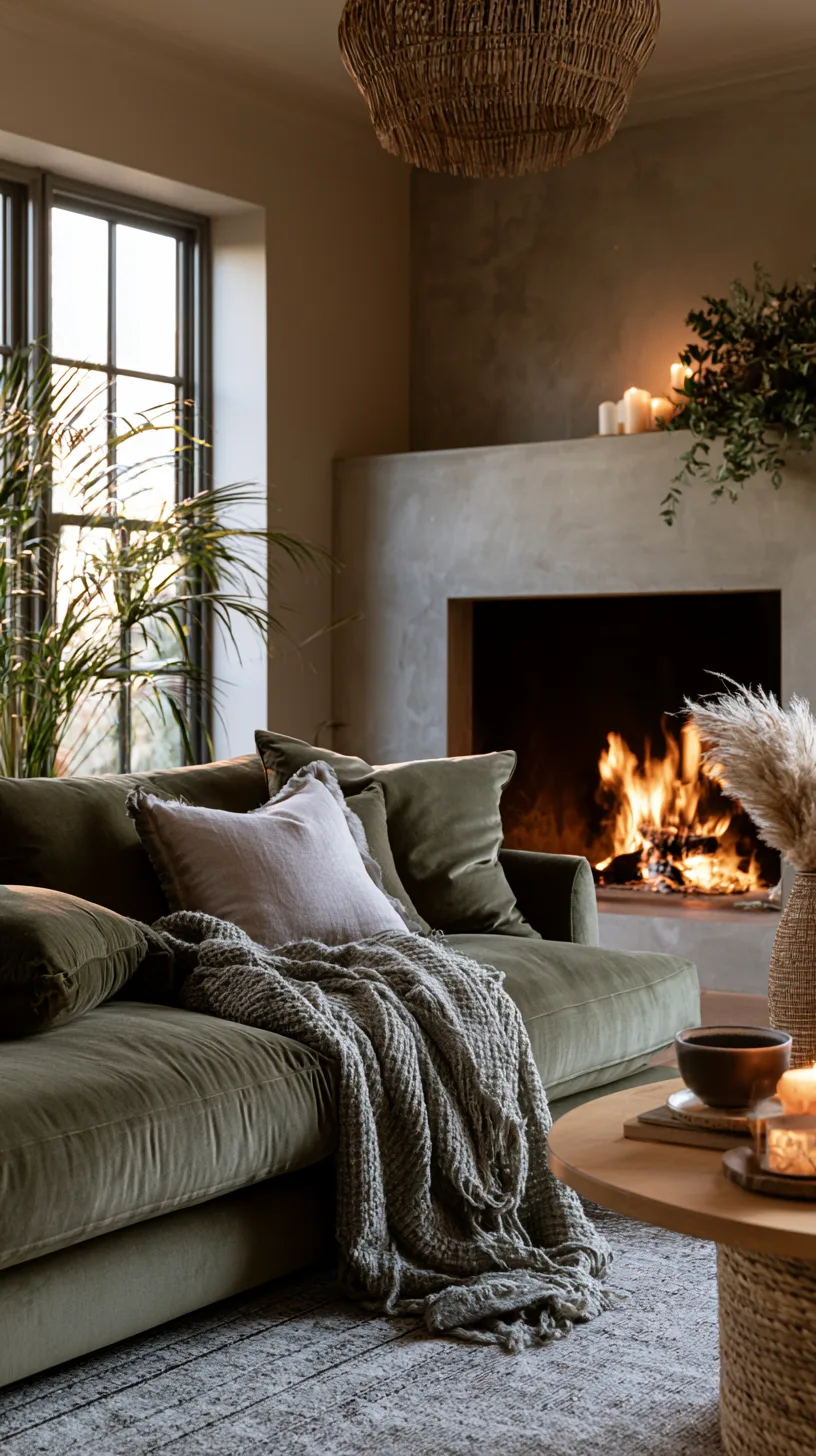 olive green sofa angled toward a fireplace with a simply styled warm mantel, photo 2 of 4