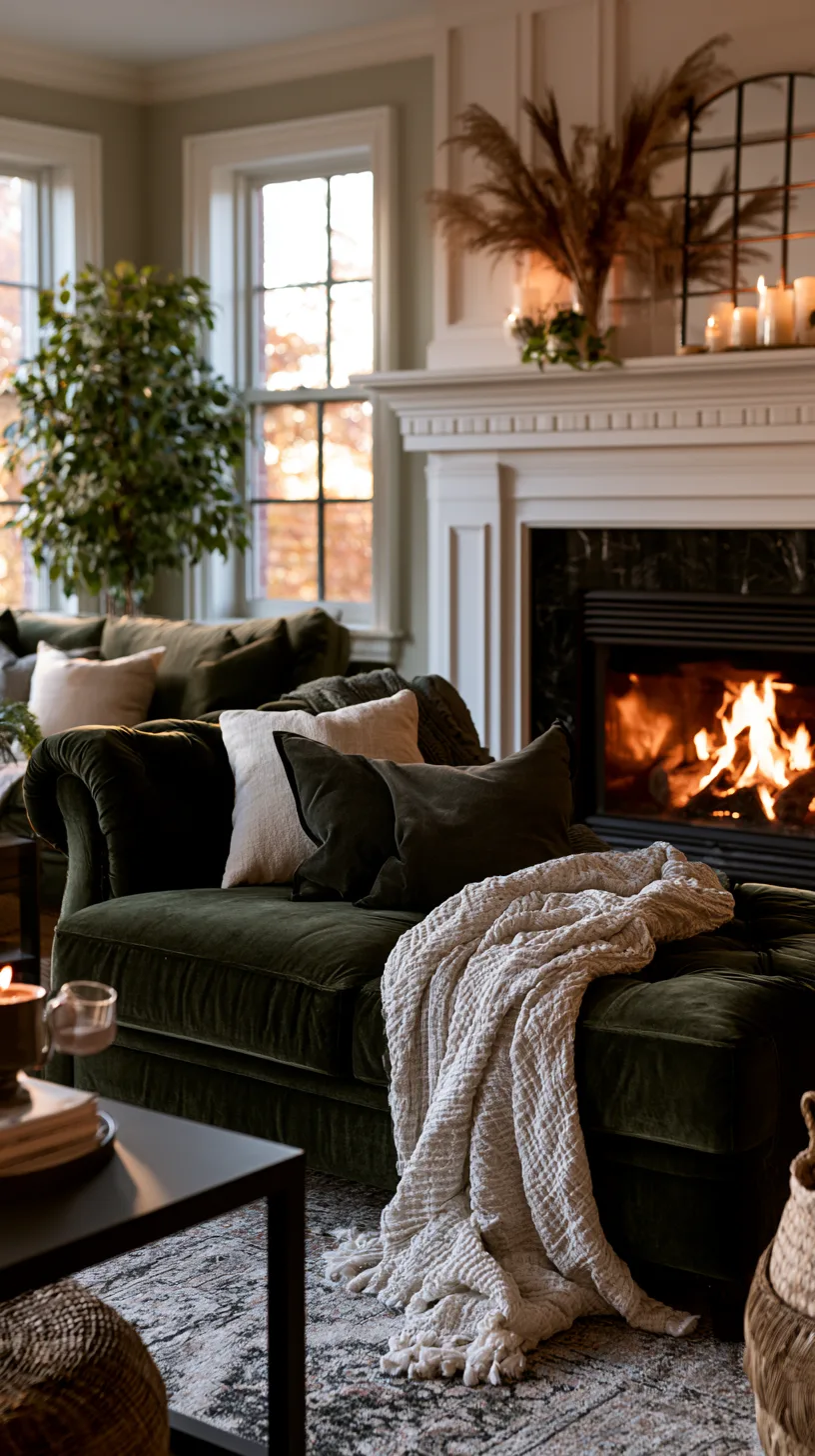 olive green sofa angled toward a fireplace with a simply styled warm mantel, photo 3 of 4