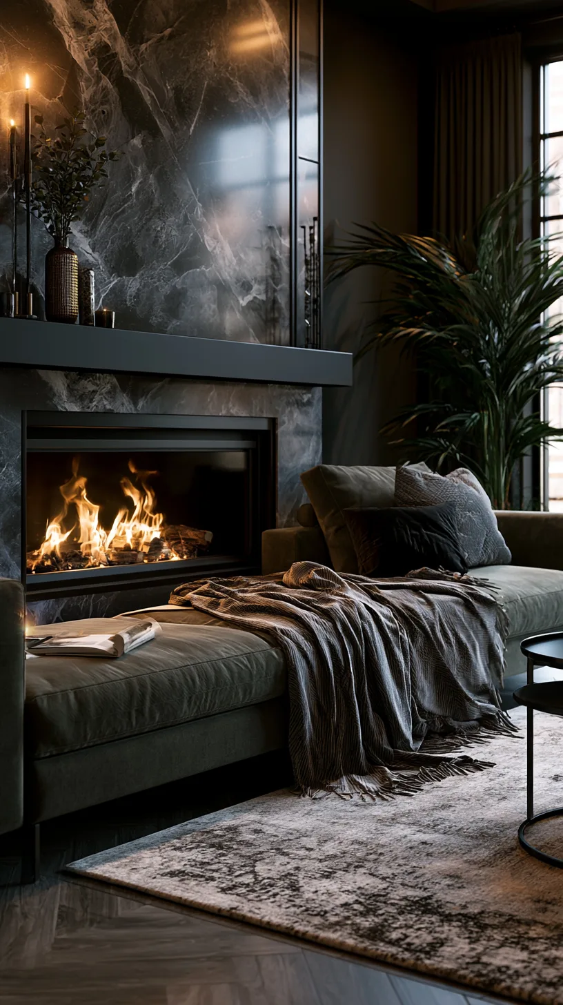 olive green sofa angled toward a fireplace with a simply styled warm mantel, photo 4 of 4