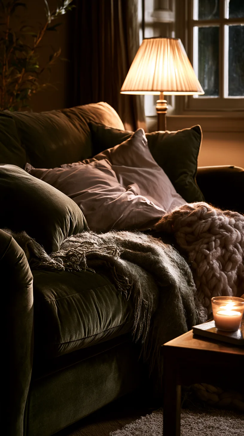 olive green sofa layered with a chunky cream knit throw for cozy evenings, photo 1 of 4
