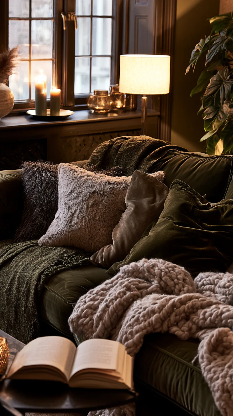 olive green sofa layered with a chunky cream knit throw for cozy evenings, photo 3 of 4