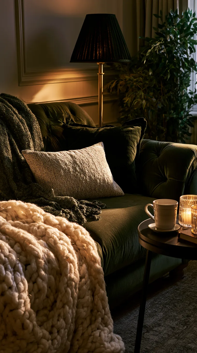 olive green sofa layered with a chunky cream knit throw for cozy evenings, photo 4 of 4