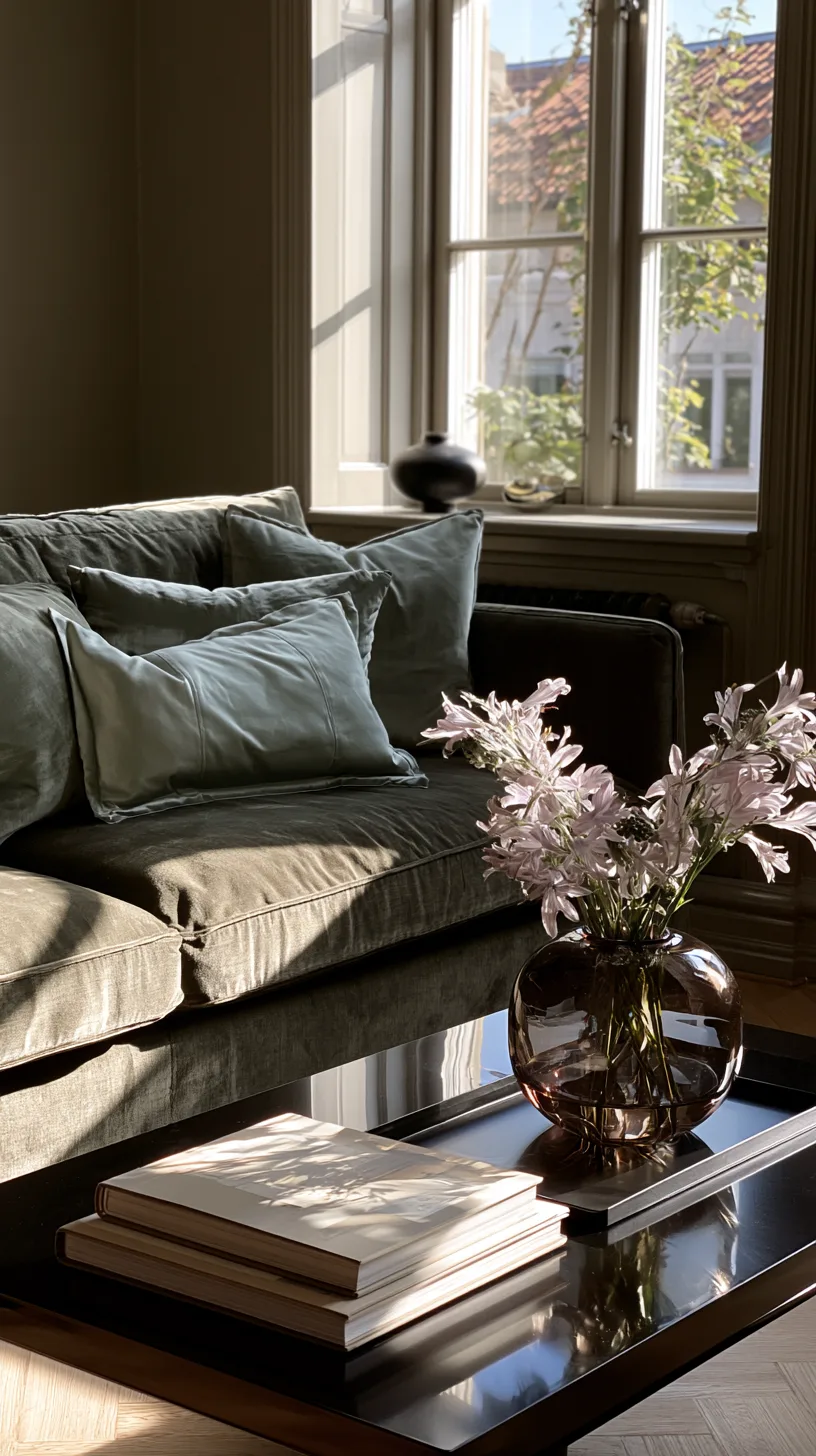olive green sofa with a glass coffee table styled with books and a low vase, photo 1 of 4