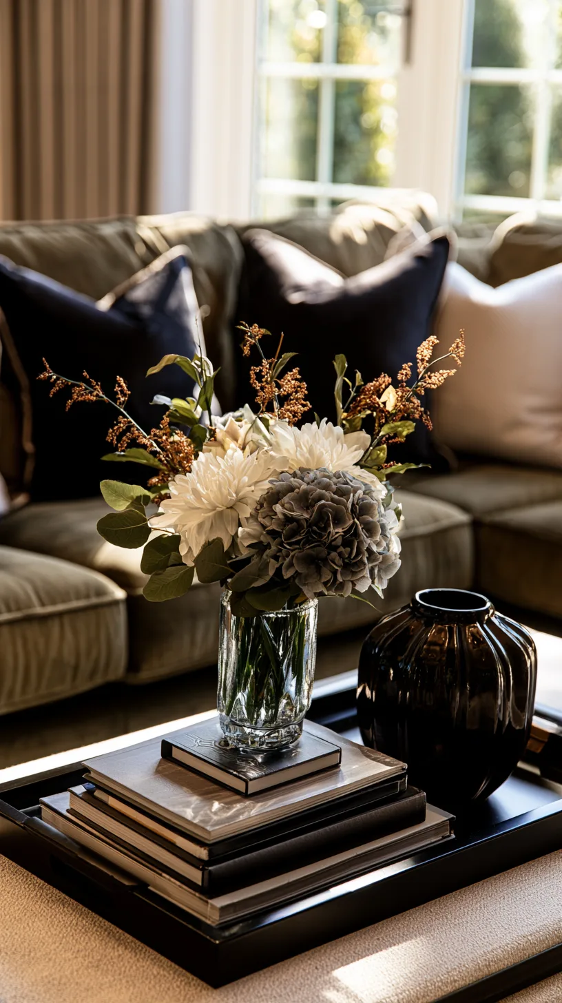 olive green sofa with a glass coffee table styled with books and a low vase, photo 2 of 4