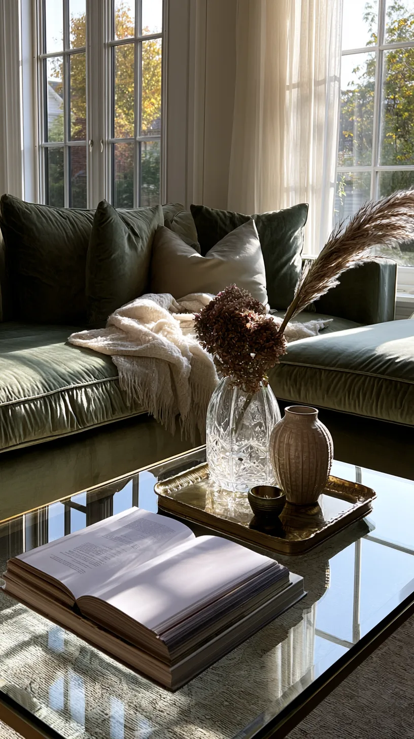 olive green sofa with a glass coffee table styled with books and a low vase, photo 3 of 4