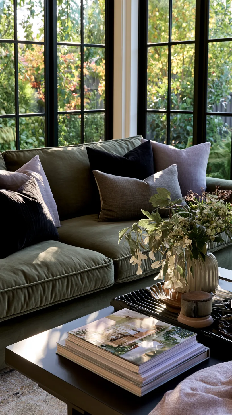 olive green sofa with a glass coffee table styled with books and a low vase, photo 4 of 4