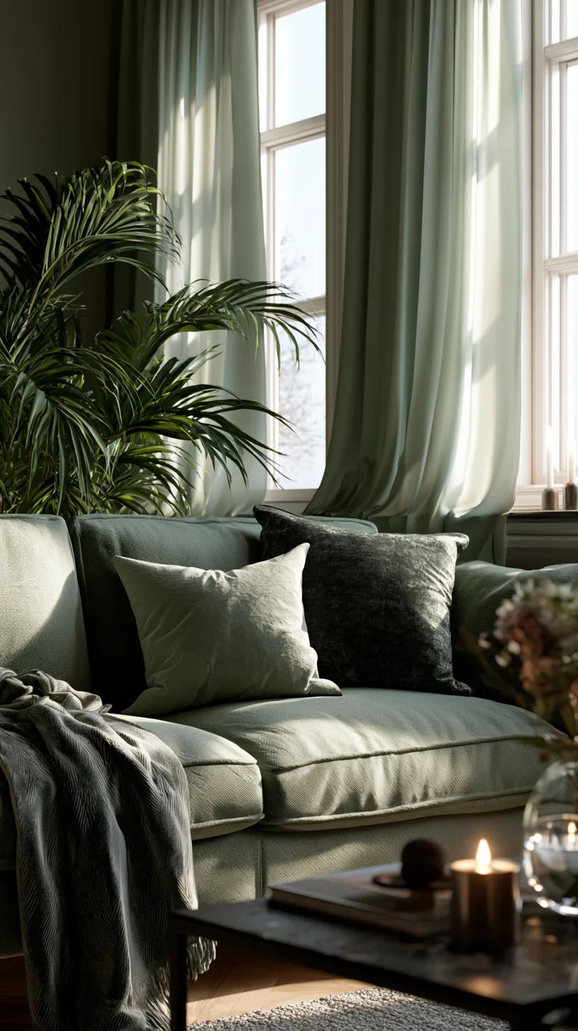 olive green sofa framed by floor length oatmeal linen curtains, photo 1 of 4