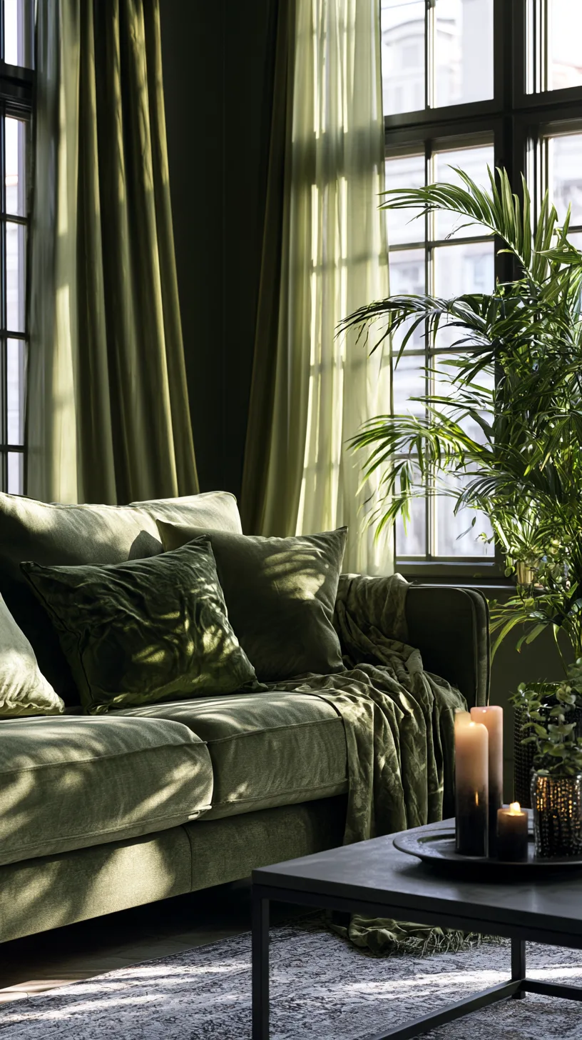 olive green sofa framed by floor length oatmeal linen curtains, photo 2 of 4