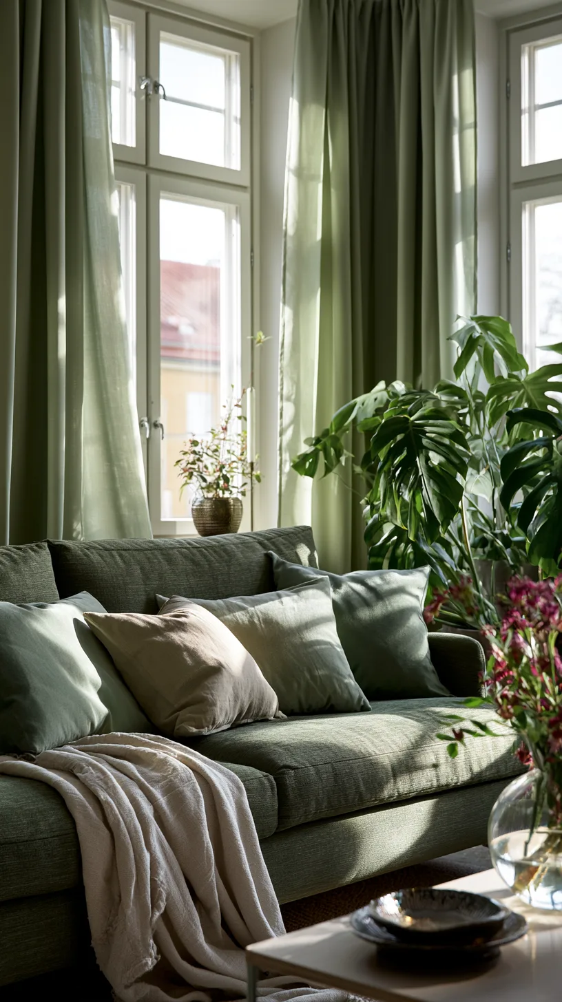 olive green sofa framed by floor length oatmeal linen curtains, photo 3 of 4