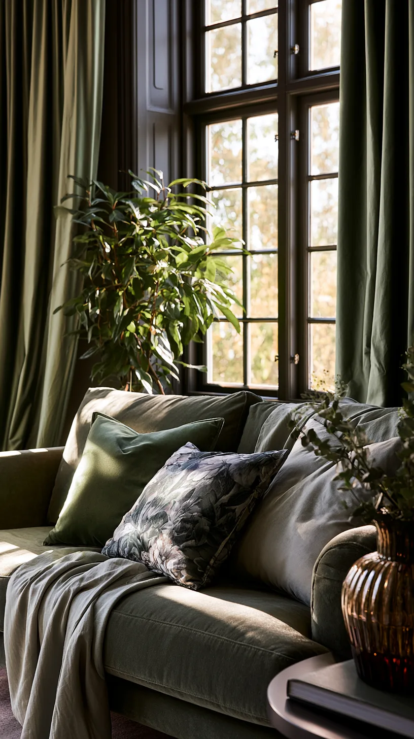 olive green sofa framed by floor length oatmeal linen curtains, photo 4 of 4